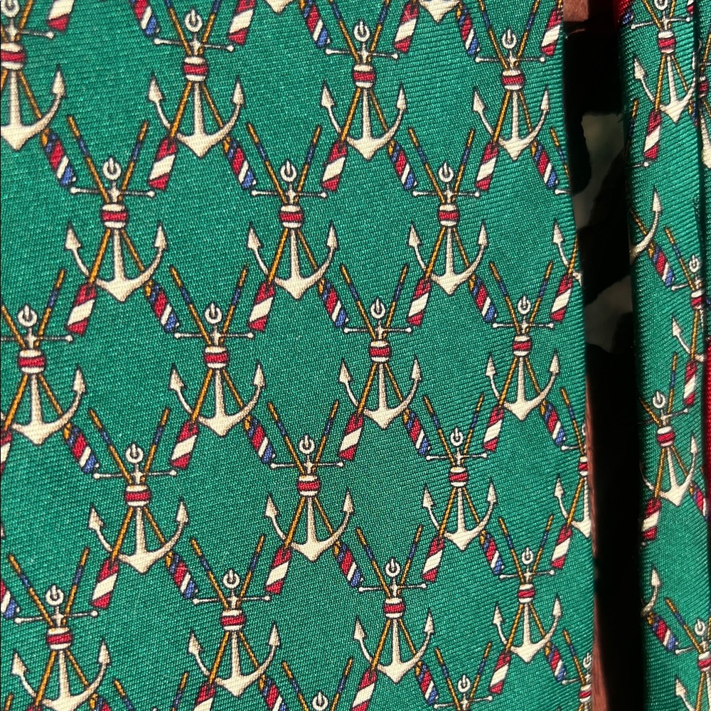 🌀 NWT Bally Green Nautical Theme Silk Tie with Red Stripe Details - Picture 6 of 7